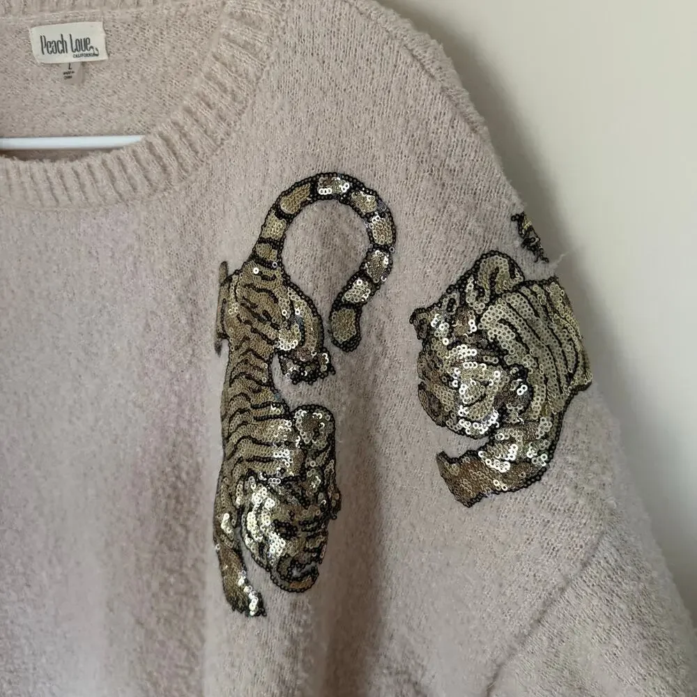 Peach Love Oatmeal Sequin Tiger Matted Sweater Pullover Preppy Bubble Sleeve - Picture 6 of 13